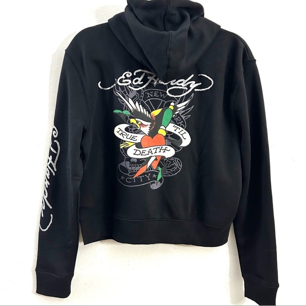 NWT Ed Hardy Original Black Hoodie Zip Up Jacket Logo MEDIUM BLACK